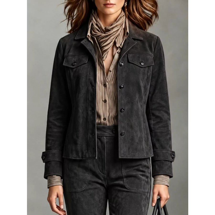 Full Size Suede Utility Blazer with Button-Front Detail Plus Apparel and Accessories