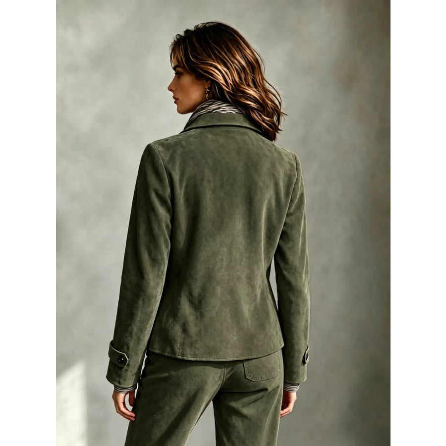 Full Size Suede Utility Blazer with Button-Front Detail Plus Apparel and Accessories