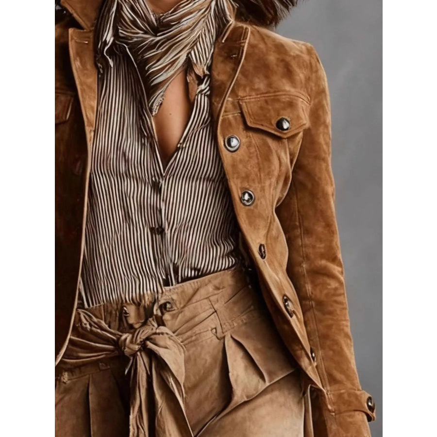 Full Size Suede Utility Blazer with Button-Front Detail Plus Apparel and Accessories