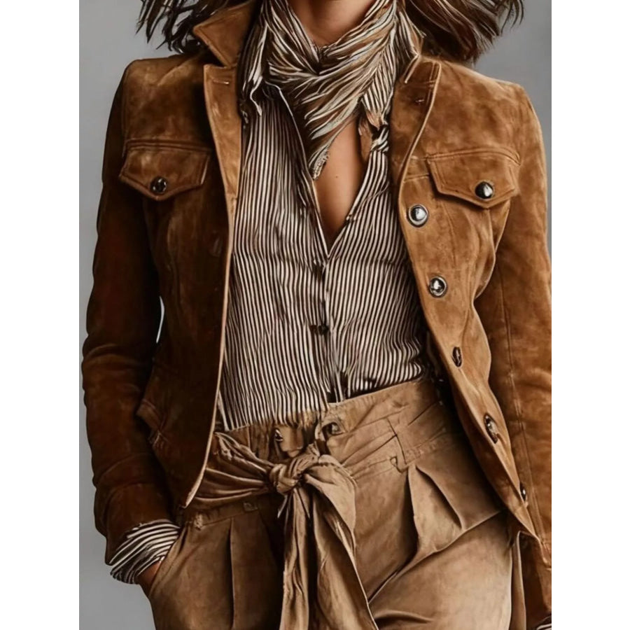 Full Size Suede Utility Blazer with Button-Front Detail Plus Apparel and Accessories