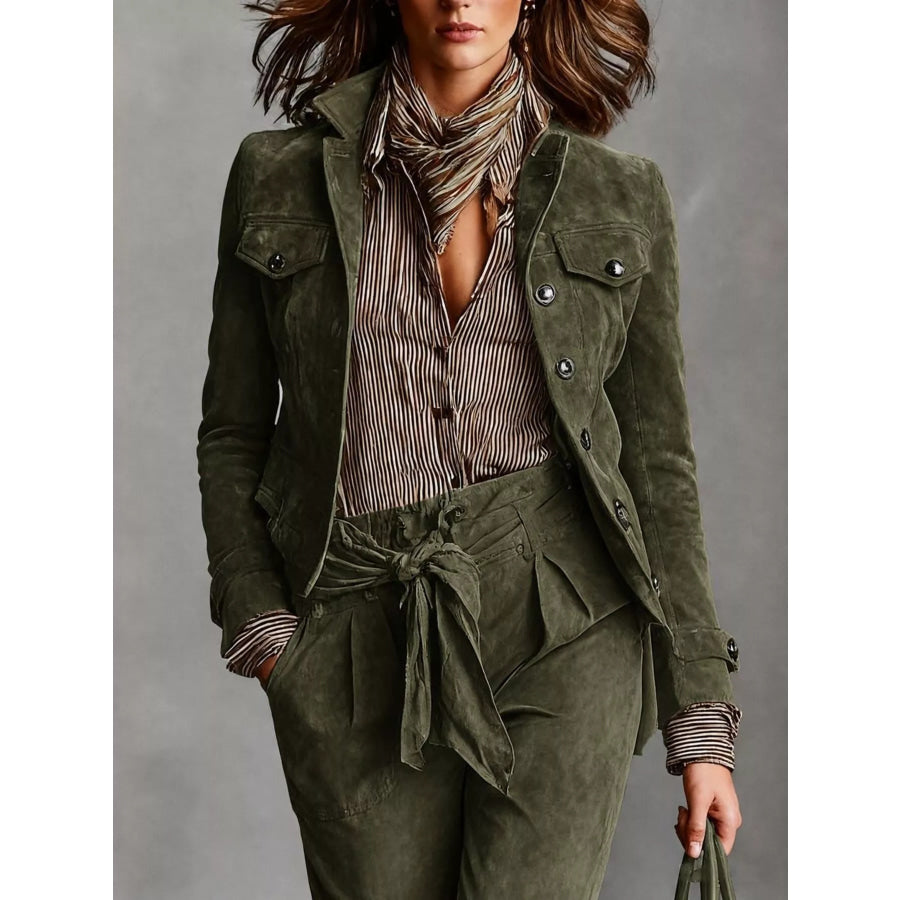 Full Size Suede Utility Blazer with Button-Front Detail Plus Army Green / XS Apparel and Accessories