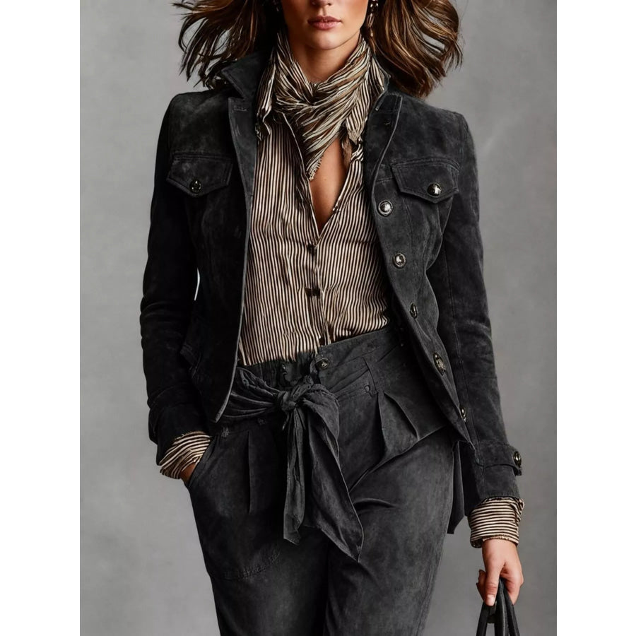 Full Size Suede Utility Blazer with Button-Front Detail Plus Black / XS Apparel and Accessories