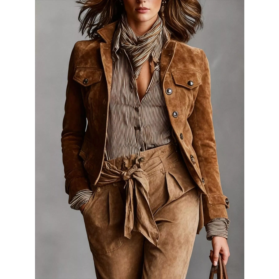 Full Size Suede Utility Blazer with Button-Front Detail Plus Caramel / XS Apparel and Accessories