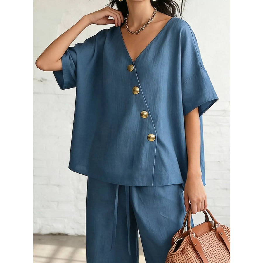 Full Size Surplice Half Sleeve Top and Wide-Leg Pants Set Plus Size Blue / S Apparel and Accessories