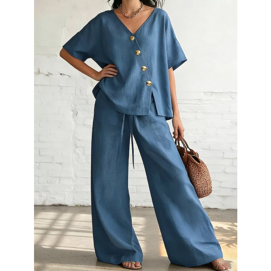 Full Size Surplice Half Sleeve Top and Wide-Leg Pants Set Plus Size Blue / S Apparel and Accessories