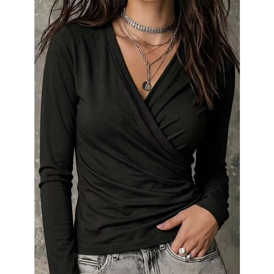 Full Size Surplice Long Sleeve T-Shirt Plus Black / S Apparel and Accessories