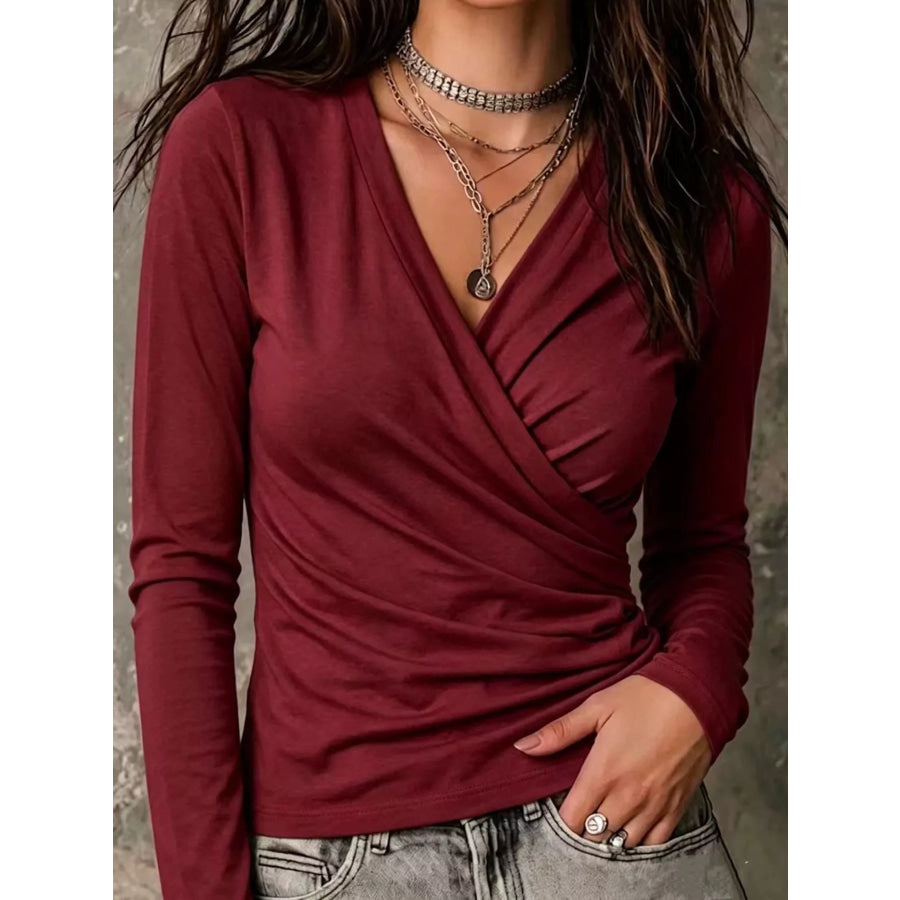 Full Size Surplice Long Sleeve T-Shirt Plus Wine Red / S Apparel and Accessories
