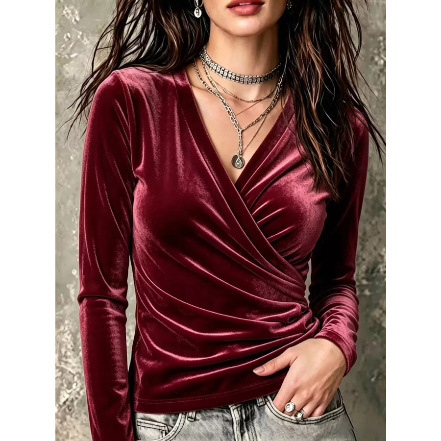 Full Size Surplice Ruched Long Sleeve Top Plus Burgundy / S Apparel and Accessories