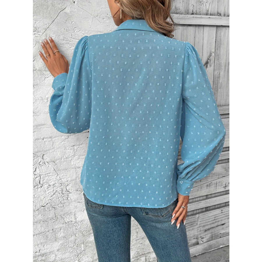 Full Size Swiss Dot Collared Neck Long Sleeve Shirt Sky Blue / S Apparel and Accessories