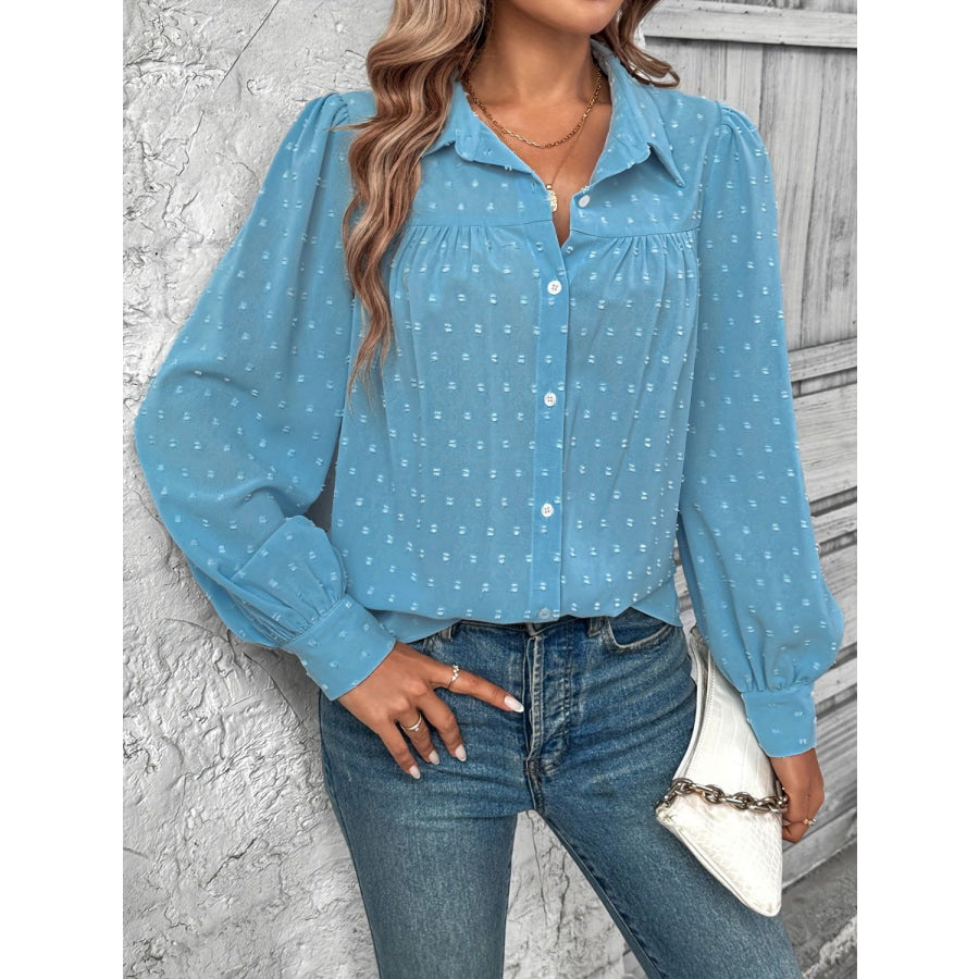 Full Size Swiss Dot Collared Neck Long Sleeve Shirt Apparel and Accessories