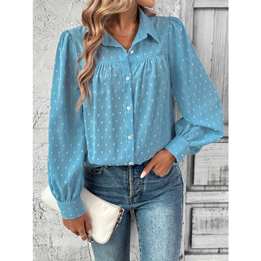 Full Size Swiss Dot Collared Neck Long Sleeve Shirt Sky Blue / S Apparel and Accessories