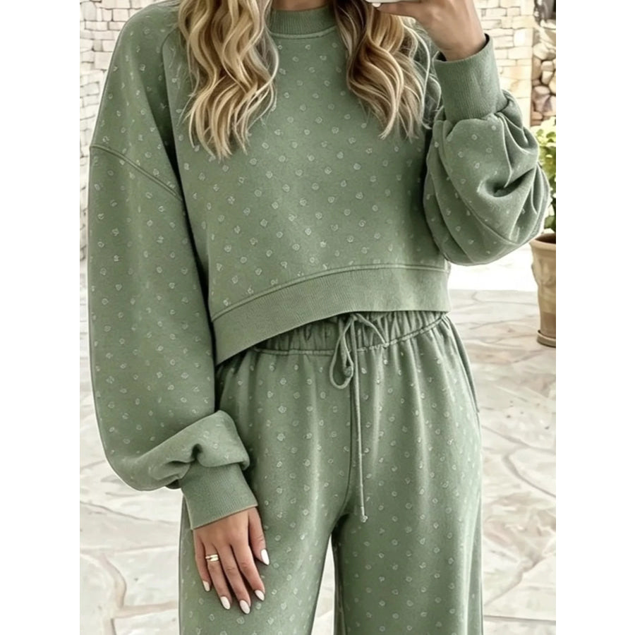 Full Size Swiss Dot Crop Top and Wide Leg Pants Set Plus Apparel Accessories