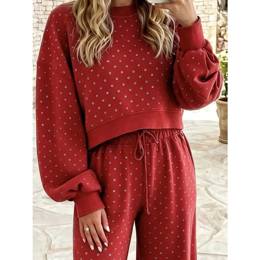 Full Size Swiss Dot Crop Top and Wide Leg Pants Set Plus Red / S Apparel Accessories