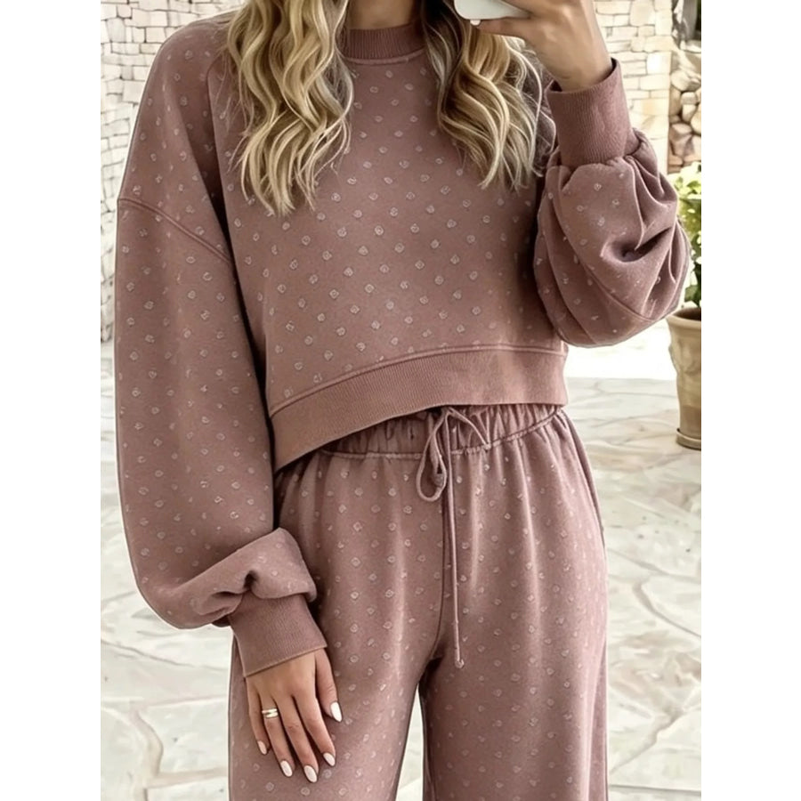 Full Size Swiss Dot Crop Top and Wide Leg Pants Set Plus Apparel Accessories