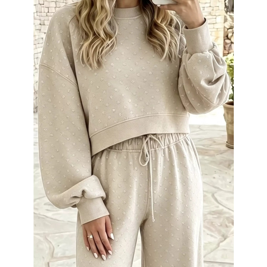 Full Size Swiss Dot Crop Top and Wide Leg Pants Set Plus Apparel Accessories