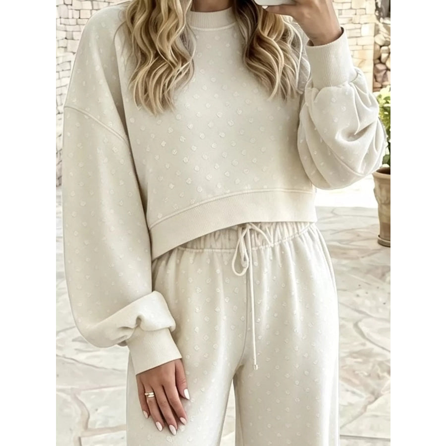 Full Size Swiss Dot Crop Top and Wide Leg Pants Set Plus Apparel Accessories