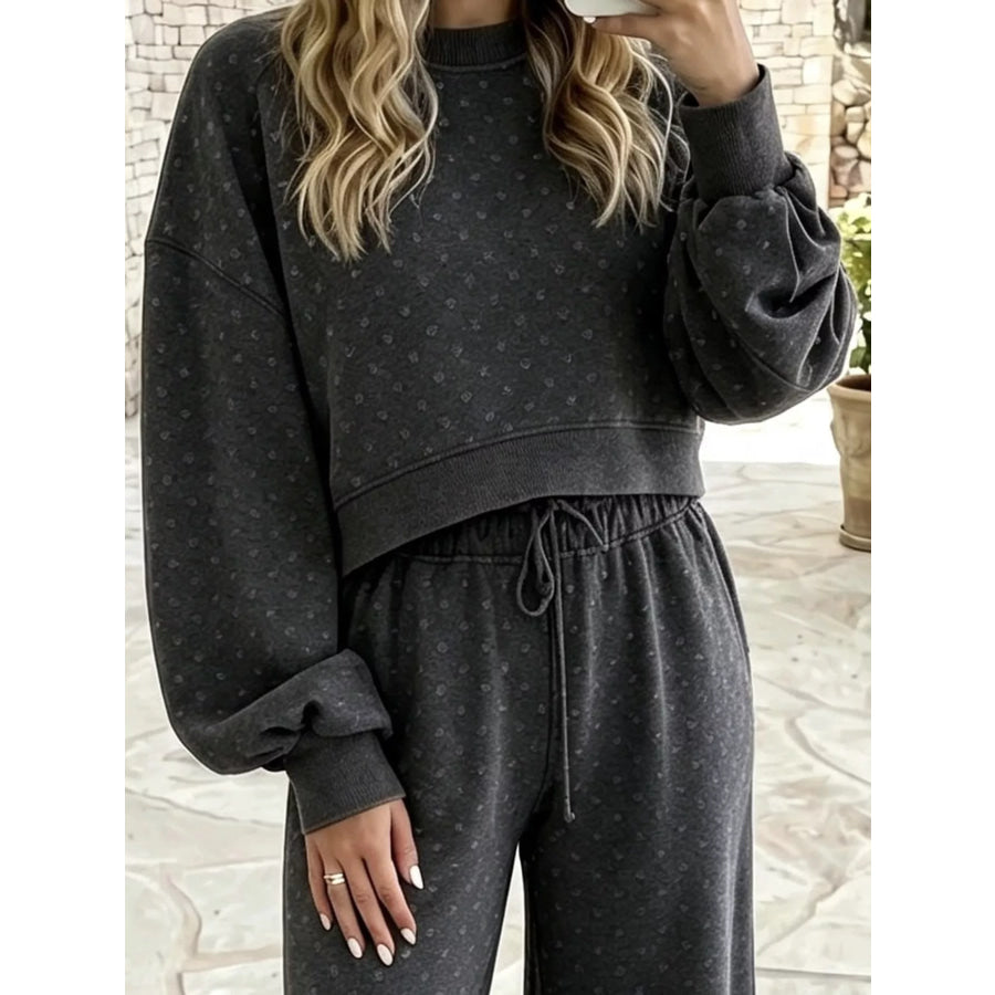 Full Size Swiss Dot Crop Top and Wide Leg Pants Set Plus Apparel Accessories