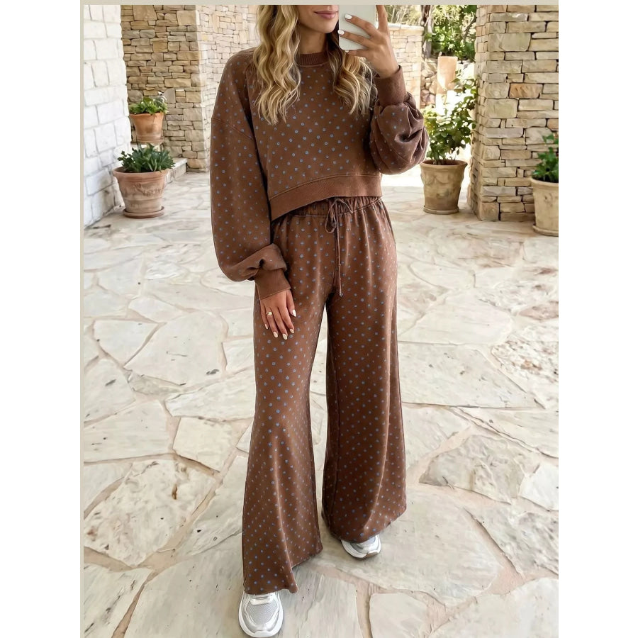 Full Size Swiss Dot Crop Top and Wide Leg Pants Set Plus Brown / S Apparel Accessories