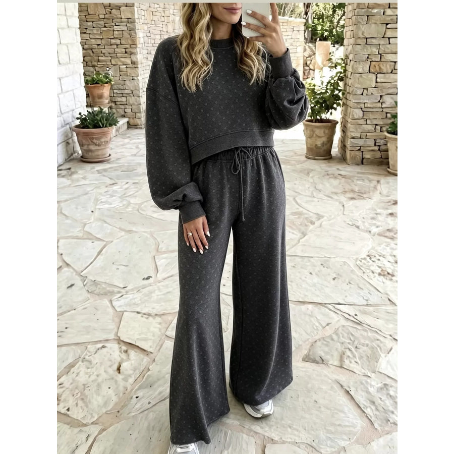 Full Size Swiss Dot Crop Top and Wide Leg Pants Set Plus Dark Gray / S Apparel Accessories