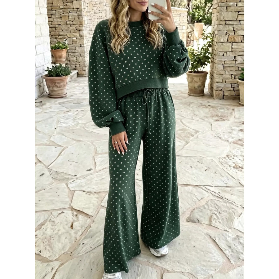 Full Size Swiss Dot Crop Top and Wide Leg Pants Set Plus Dark Green / S Apparel Accessories