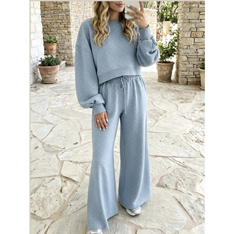 Full Size Swiss Dot Crop Top and Wide Leg Pants Set Plus Light Blue / S Apparel Accessories
