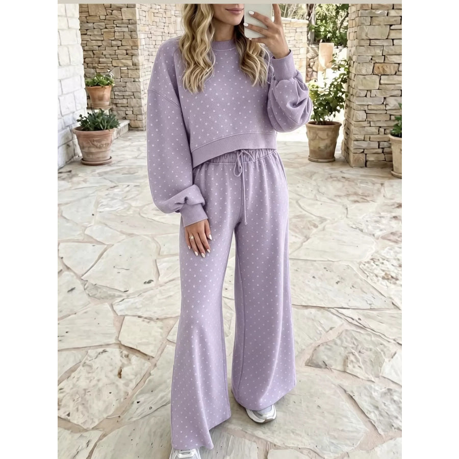 Full Size Swiss Dot Crop Top and Wide Leg Pants Set Plus Light Purple / S Apparel Accessories