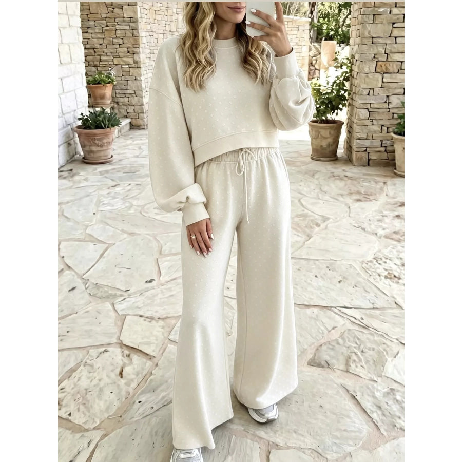 Full Size Swiss Dot Crop Top and Wide Leg Pants Set Plus Milky White / S Apparel Accessories