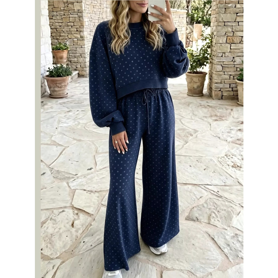 Full Size Swiss Dot Crop Top and Wide Leg Pants Set Plus Navy Blue / S Apparel Accessories