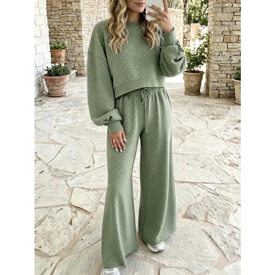 Full Size Swiss Dot Crop Top and Wide Leg Pants Set Plus Ocean Green / S Apparel Accessories