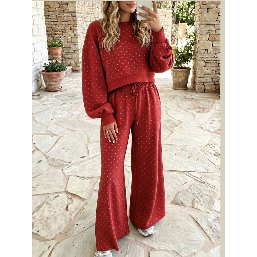 Full Size Swiss Dot Crop Top and Wide Leg Pants Set Plus Red / S Apparel Accessories
