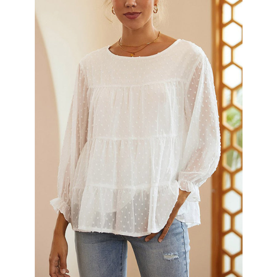 Full Size Swiss Dot Ruffled Round Neck Long Sleeve Blouse White / S Apparel and Accessories