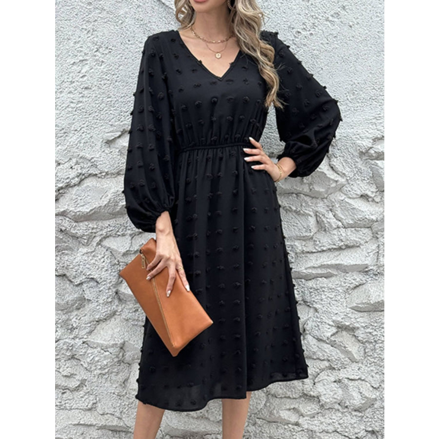 Full Size Swiss Dot V-Neck Long Sleeve Midi Dress Apparel and Accessories