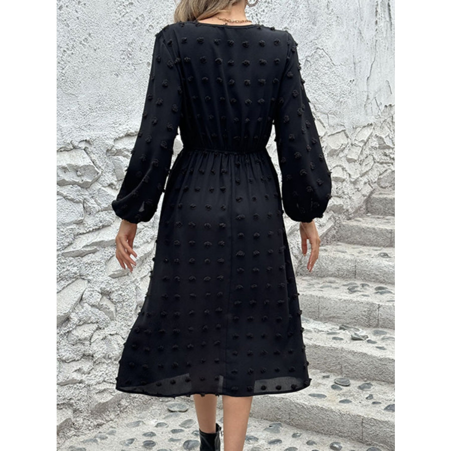 Full Size Swiss Dot V-Neck Long Sleeve Midi Dress Black / S Apparel and Accessories