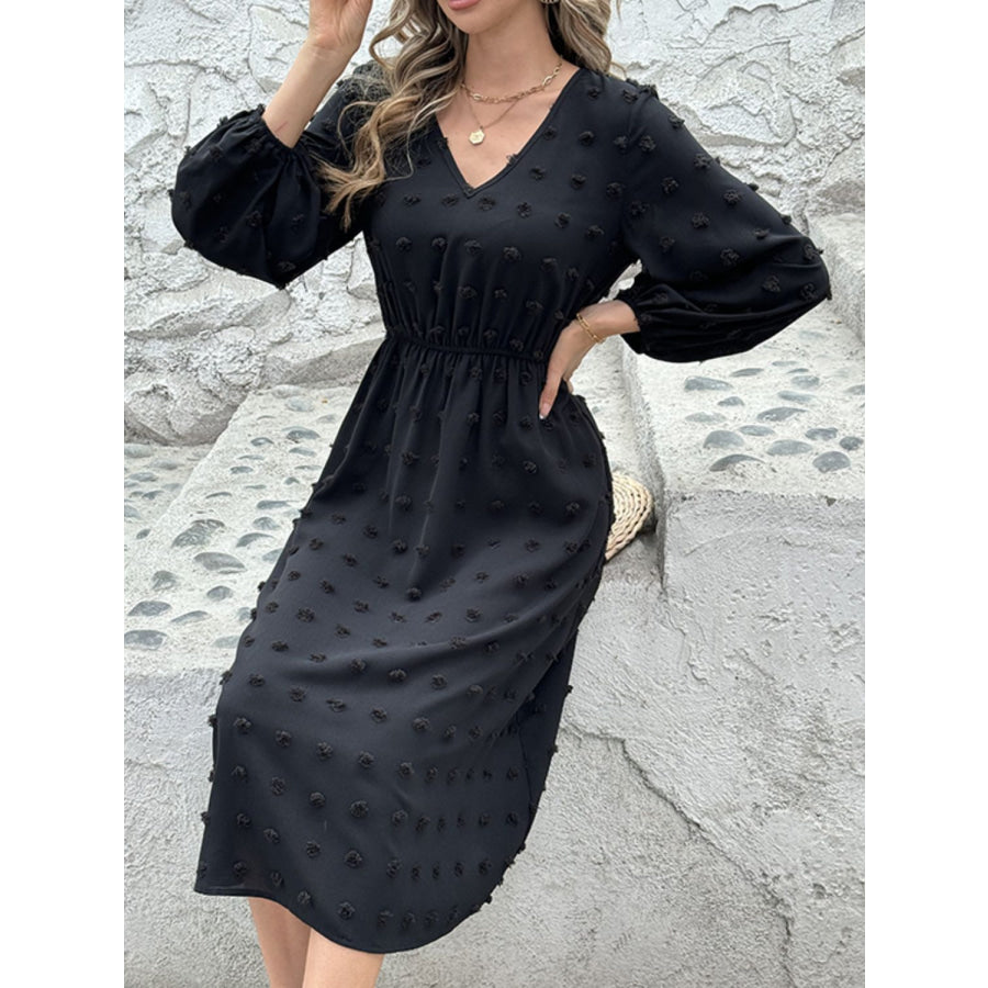 Full Size Swiss Dot V-Neck Long Sleeve Midi Dress Apparel and Accessories