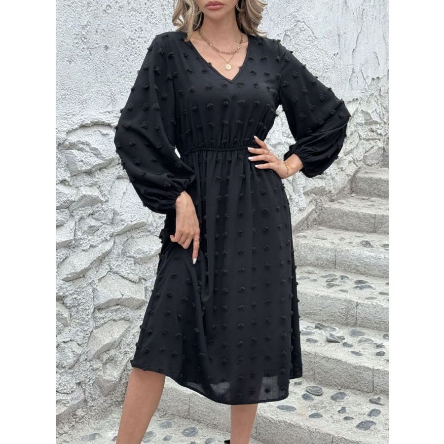 Full Size Swiss Dot V-Neck Long Sleeve Midi Dress Apparel and Accessories