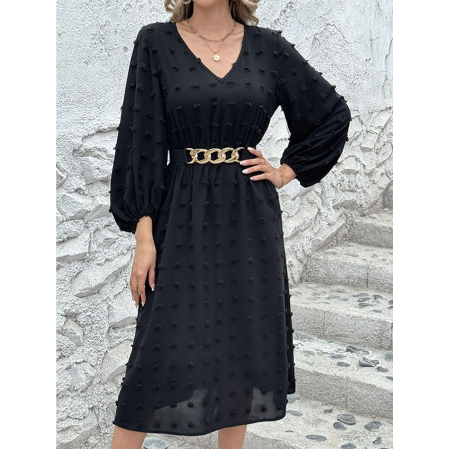 Full Size Swiss Dot V-Neck Long Sleeve Midi Dress Black / S Apparel and Accessories