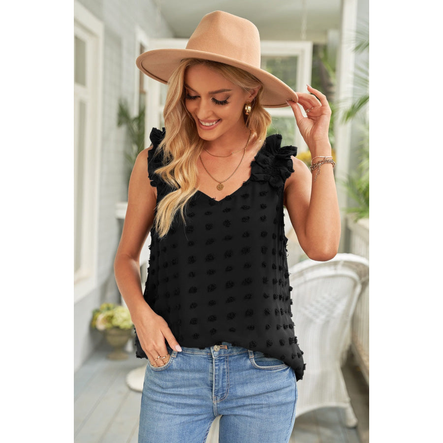 Full Size Swiss Dot V-Neck Tank Black / S Apparel and Accessories