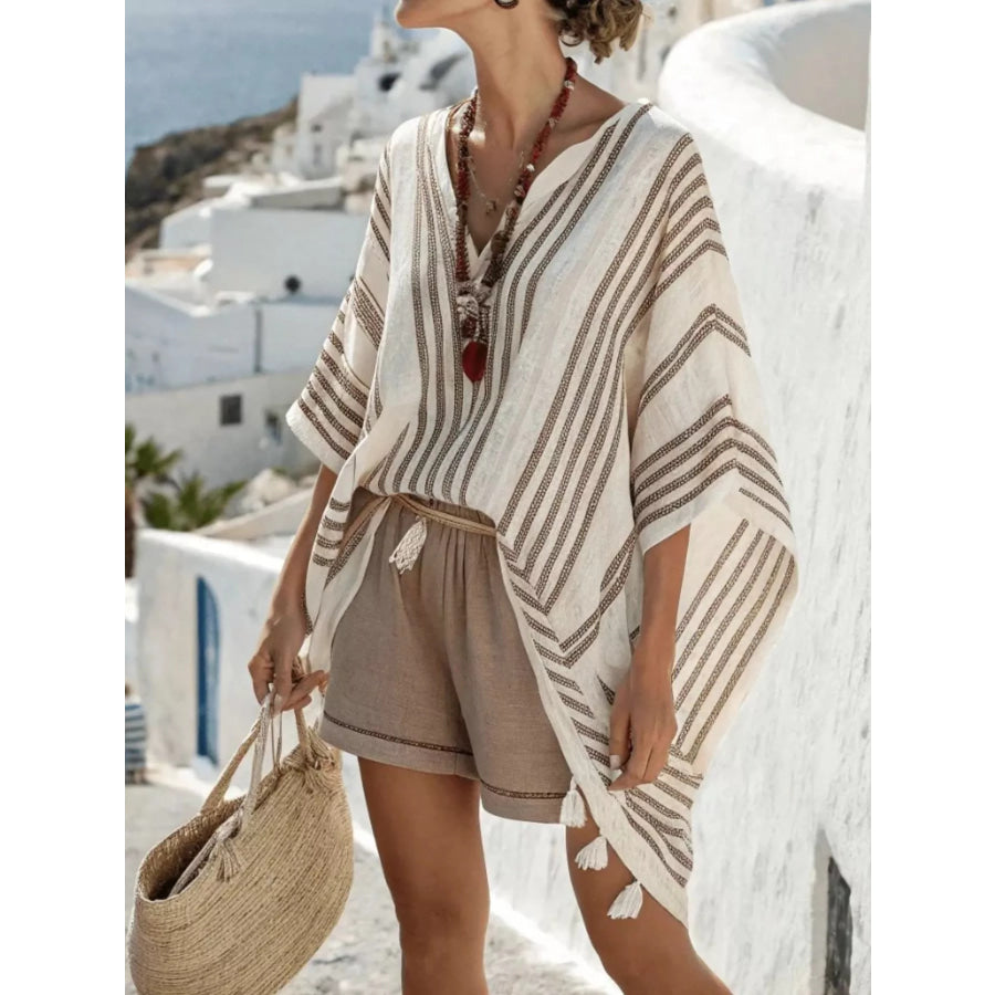 Full Size Tassel Striped Kimono Sleeve Cover-Up Plus Apparel and Accessories