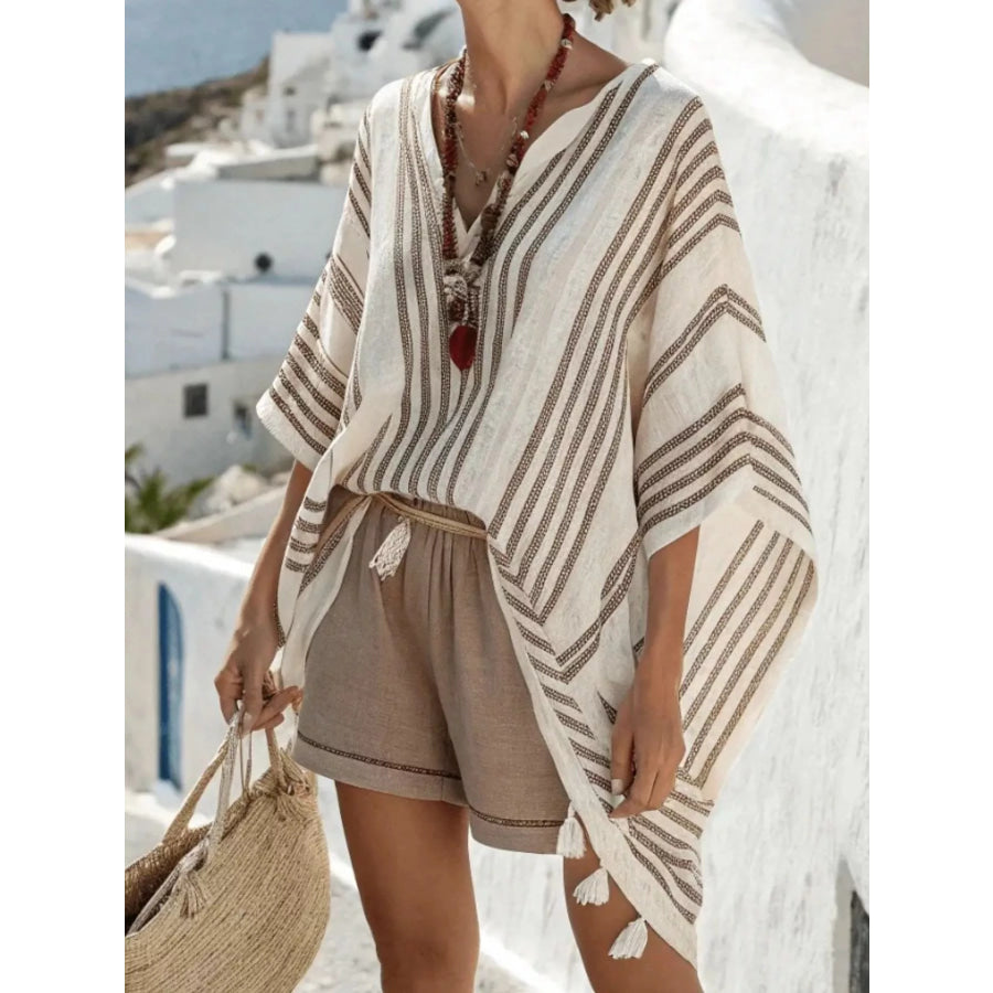 Full Size Tassel Striped Kimono Sleeve Cover-Up Plus Camel / S Apparel and Accessories