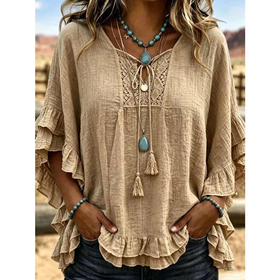 Full Size Tassel Tie Neck Ruffled Hem Blouse Plus Khaki / S Apparel and Accessories