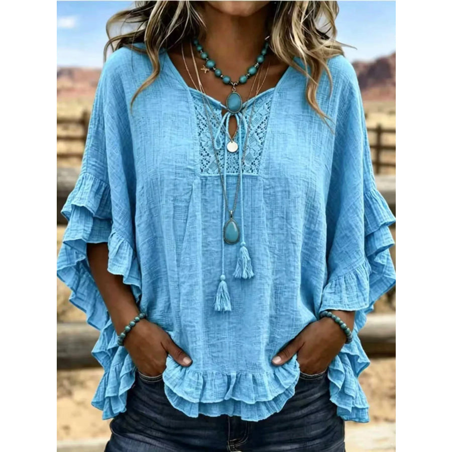 Full Size Tassel Tie Neck Ruffled Hem Blouse Plus Sky Blue / S Apparel and Accessories