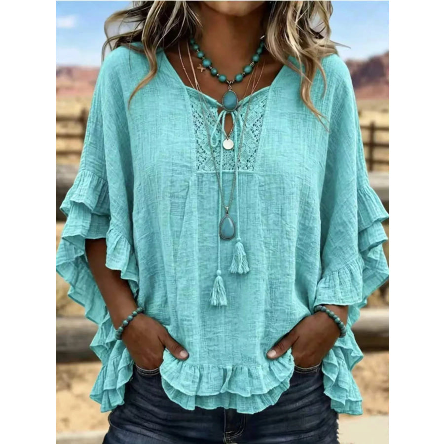 Full Size Tassel Tie Neck Ruffled Hem Blouse Plus Turquoise / S Apparel and Accessories