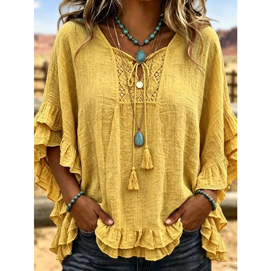 Full Size Tassel Tie Neck Ruffled Hem Blouse Plus Yellow / S Apparel and Accessories