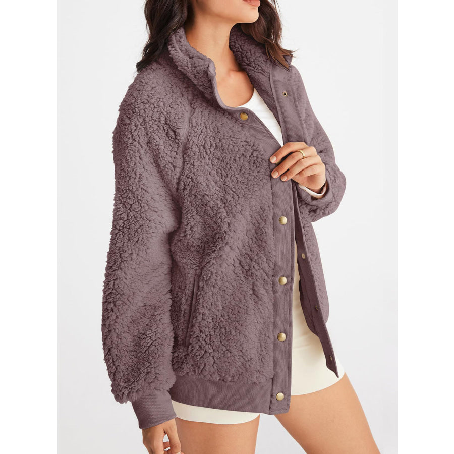 Full Size Teddy Snap Down Long Sleeve Jacket Mauve / S Apparel and Accessories