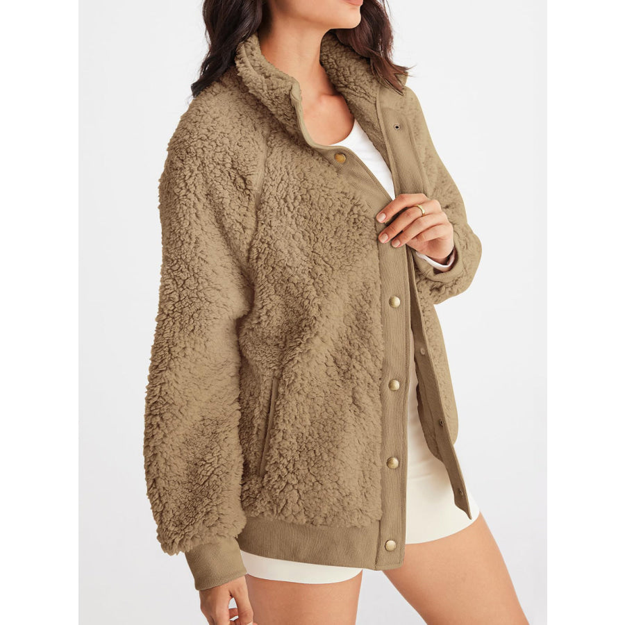 Full Size Teddy Snap Down Long Sleeve Jacket Taupe / S Apparel and Accessories