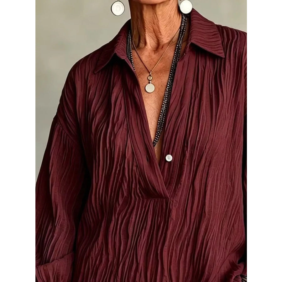 Full Size Texture Long Sleeve Blouse Plus Apparel and Accessories