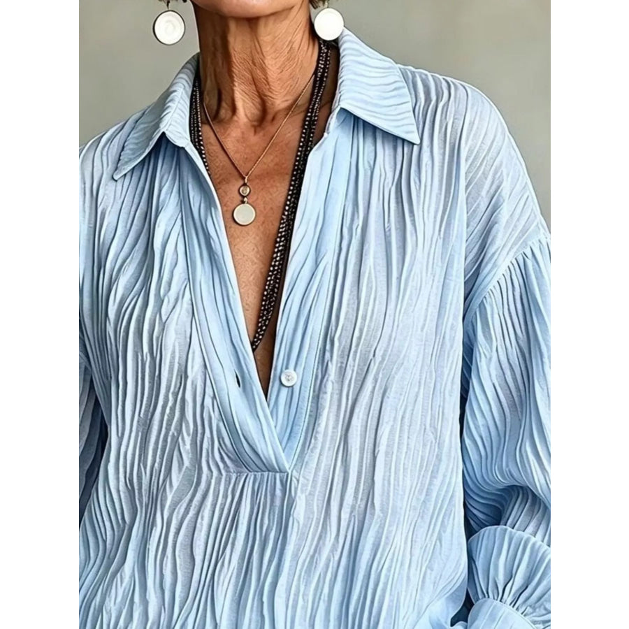 Full Size Texture Long Sleeve Blouse Plus Apparel and Accessories