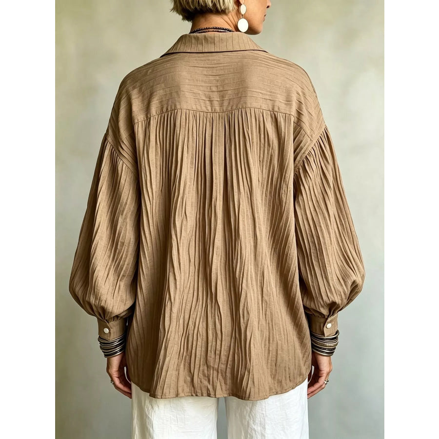 Full Size Texture Long Sleeve Blouse Plus Apparel and Accessories