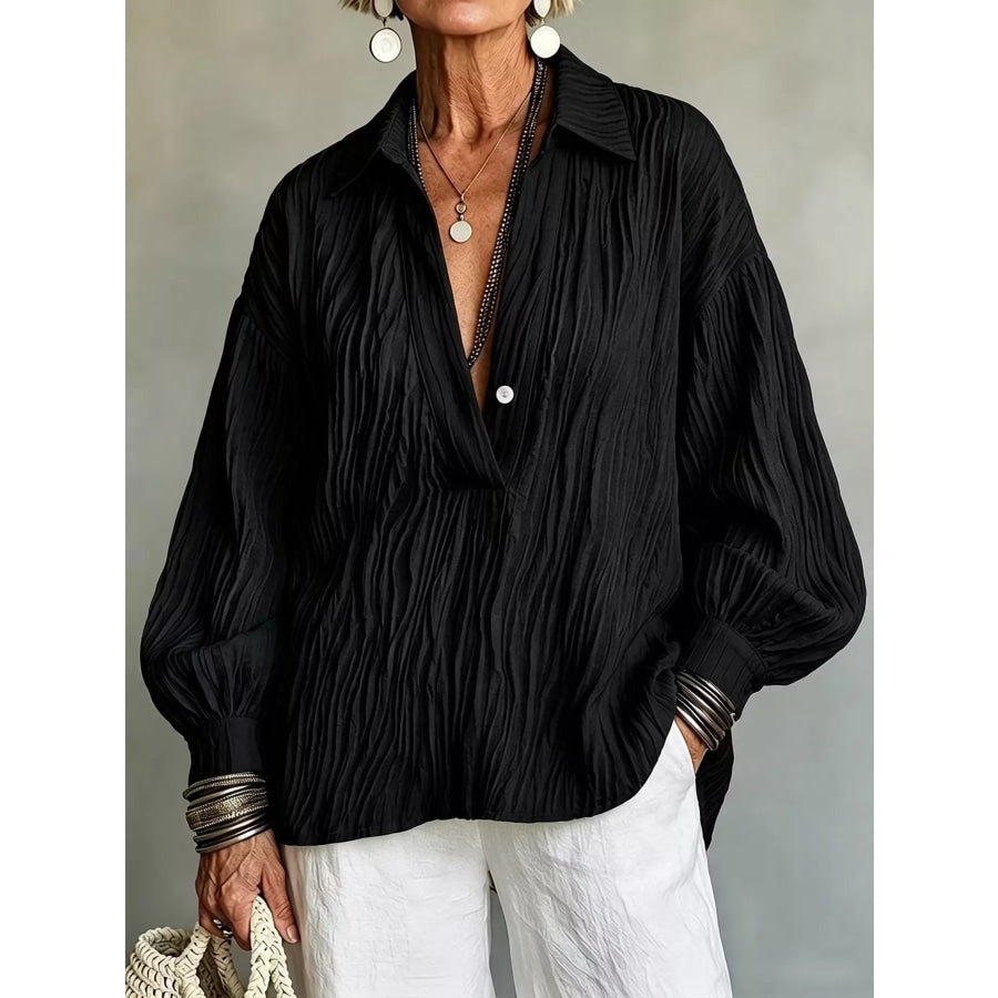 Full Size Texture Long Sleeve Blouse Plus Black / S Apparel and Accessories