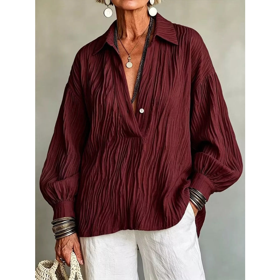 Full Size Texture Long Sleeve Blouse Plus Burgundy / S Apparel and Accessories